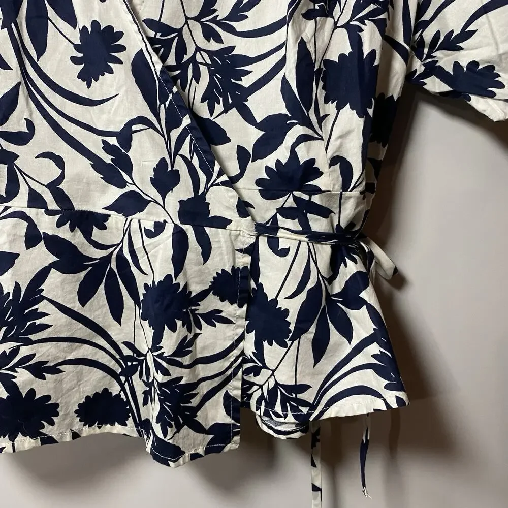 Old Navy Waist Defined Floral Puff Sleeve Tie-Wrap Blouse Small Petite Cottage